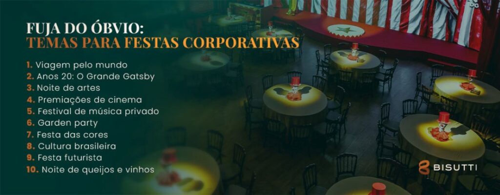 10 ideias de temas de festa corporativa FUJA DO ÓBVIO: TEMAS PARA FESTAS CORPORATIVAS
1. Viagem pelo mundo
2. Anos 20: O Grande Gatsby
3. Noite de artes
4. Premiações de cinema
5. Festival de música privado
6. Garden party
7. Festa das cores
8. Cultura brasileira
9. Festa futurista
10. Noite de queijos e vinhos