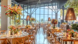 Produção de eventos de alto padrão com ambientação sofisticada e vista para o mar.