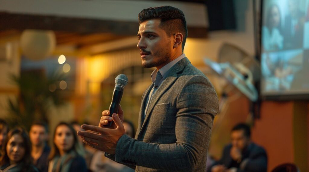 Mestre de cerimônia apresentando evento corporativo.