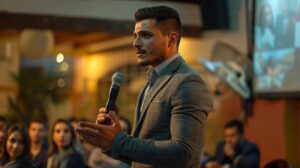 Mestre de cerimônia apresentando evento corporativo.