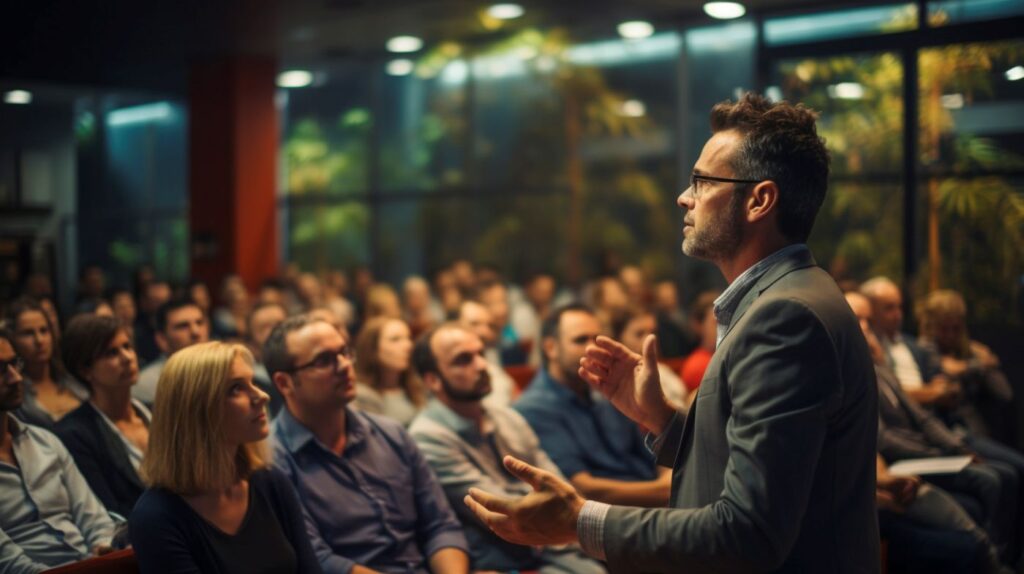 Profissional de palestras para empressas interage com plateia durante evento.